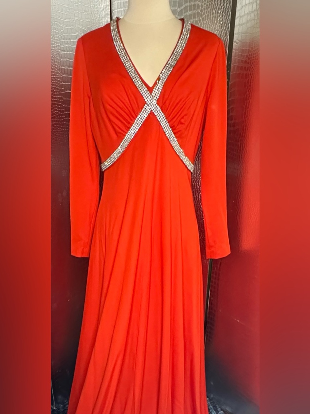 Julie Miller Red Orange Long-Sleeve Vintage Evening Gown with Crystal X-Detail